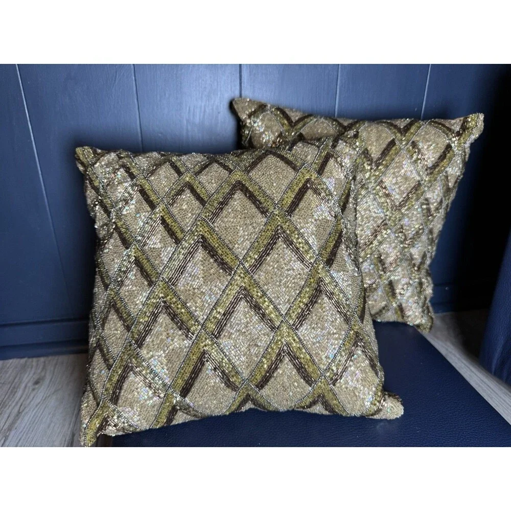 Set of 2 Pier 1 Gold Beaded Accent Throw Pillows 12x12 Geometric Diamond
